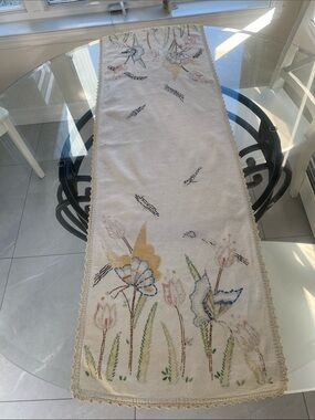 Linen hand Embroidered Floral Table Runner Cream in Blue & Gold  L:49.5”XW: 15”